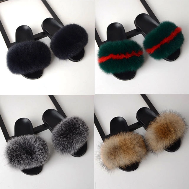 Womens Shoes Sandals Furry Slippers, Flat Custom Fluffy Fur Slides Plush Slippers, Custom Slides Footwear Fox Fur Slippers Women