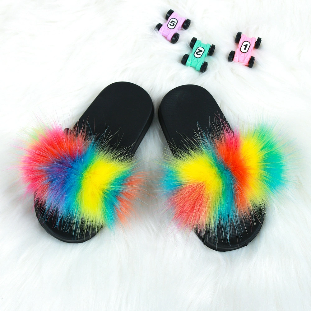 Kids Fur Home Slipper Girl Outdoor Raccoon Fluffy Cute Flats Slides