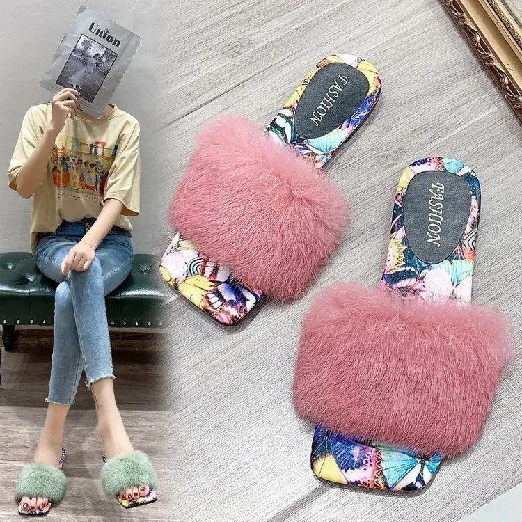 2020 Wholesale Fur Slippers Women Fashion Open Toe Slides Sweet Wind Furry Sandals Slippers