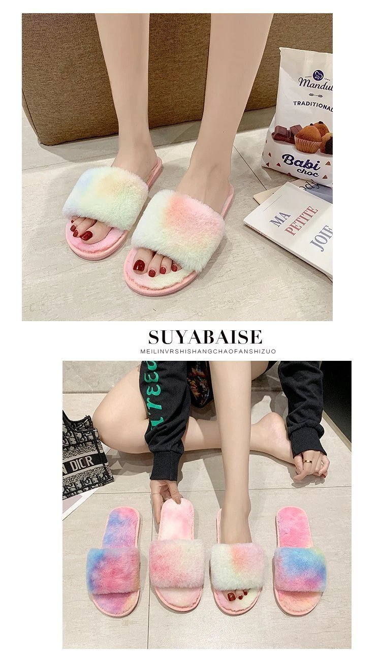 Wholesale Fur Slippers in Tie Dye Design Women Soft Fox Slides Sandals Ladies Winter Indoor Slippers