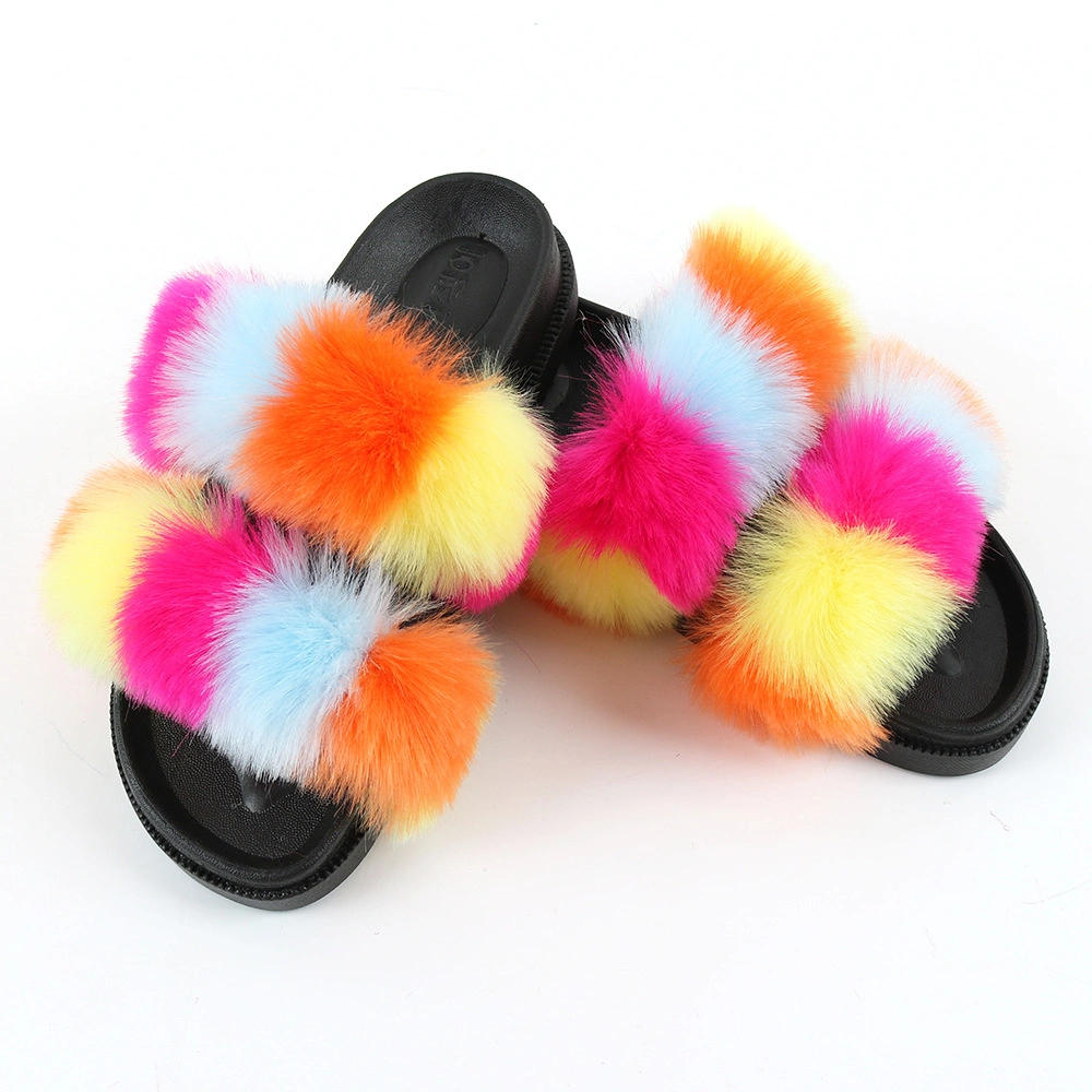 Hot Sales Women Indoor and Outdoor Fluffy Slides, Fashion Vegan Double Strap Furry Fur Sandals Slides