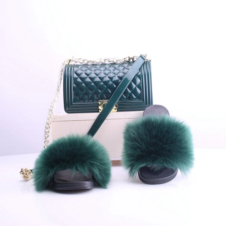 Women Handbag with Fur Slippers, Jelly Purse and Fur Slides, Purse and Fur Slides Set