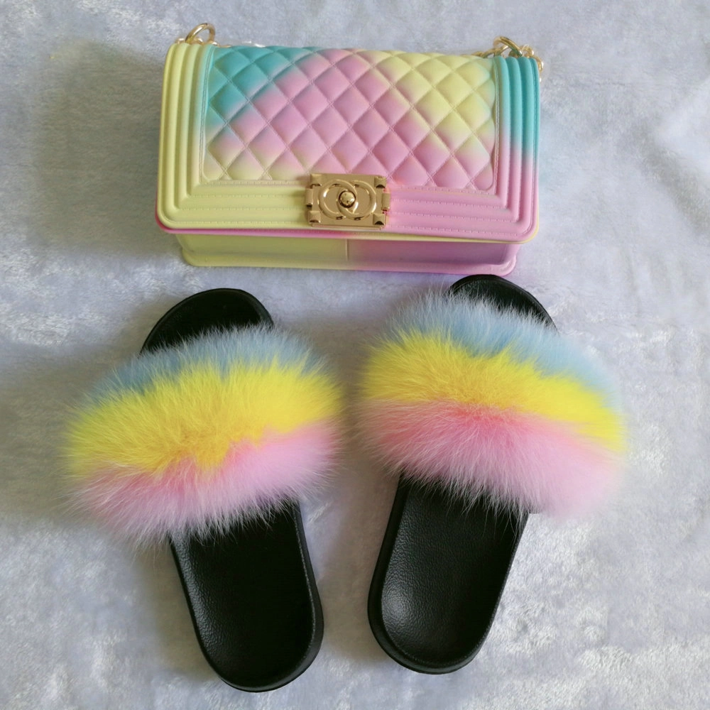 New Arrival High Quality PVC Sole Real Fox Fur Slides Soft Fur Slippers Vendor