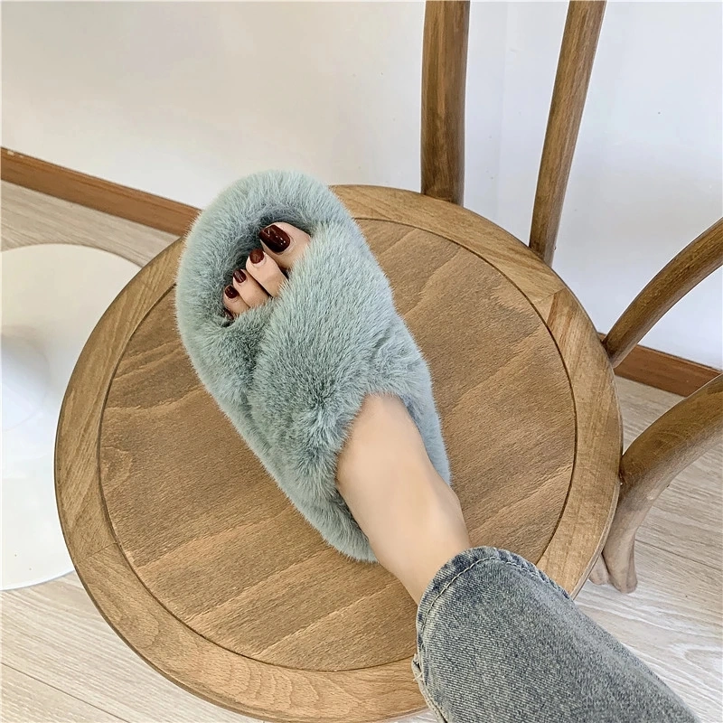 Ladies House Slippers Bunny Fur Slides, Vegan Fur Slippers Sandals with Straps Women Fur Slides