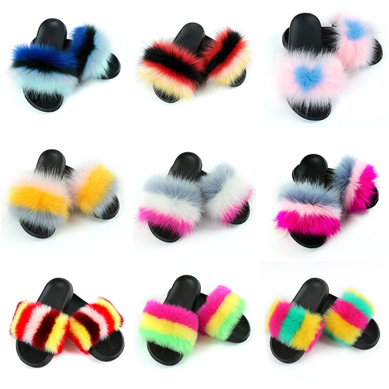 Custom Summer Real Fox Fur Furry Plush Slippers for Women