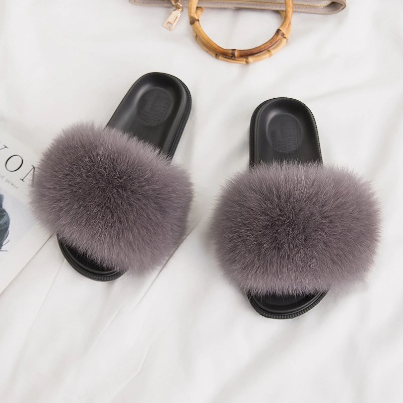 Women's Summer Fox Fur Slippers Fox Fur Slides Furry Slide Sandals