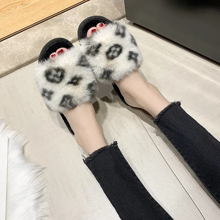 Free Shipping Fashion Korean Style Leopard Pattern Sandals Women's Bedroom Leisure Fluffy Slippers