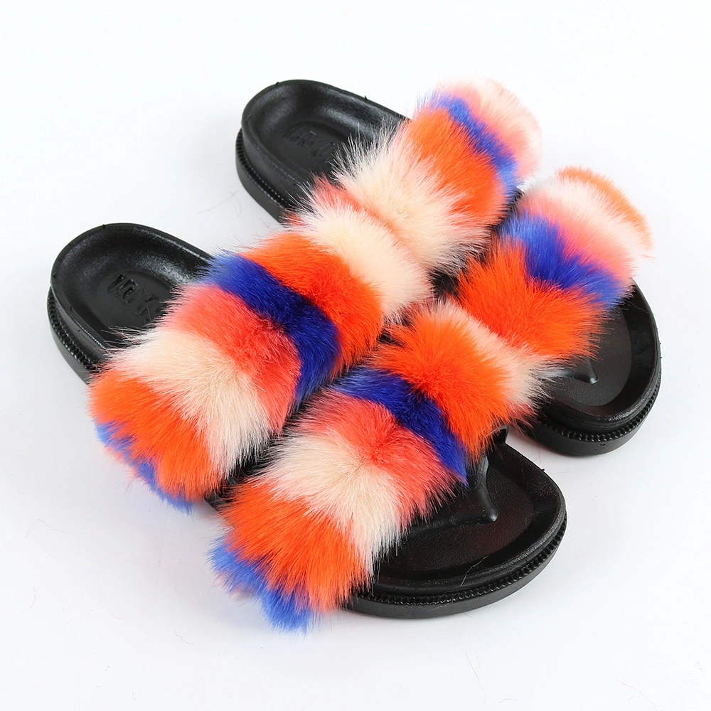 Hot Sales Women Indoor and Outdoor Fluffy Slides, Fashion Vegan Double Strap Furry Fur Sandals Slides