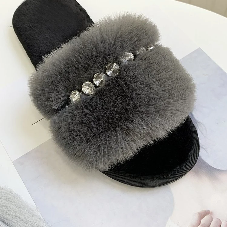 Women Rhinestone Fluffy Furry Fur Slides Sandals, New Arrivals Factory Wholesale Fur Slippers