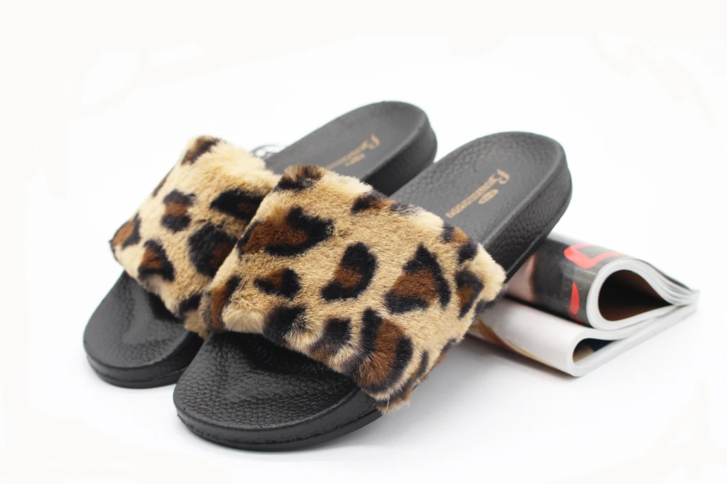 Best Selling Wholesale Fur Slippers, Women Fashion Leopard Pattern Flat Slides Sandals Slippers