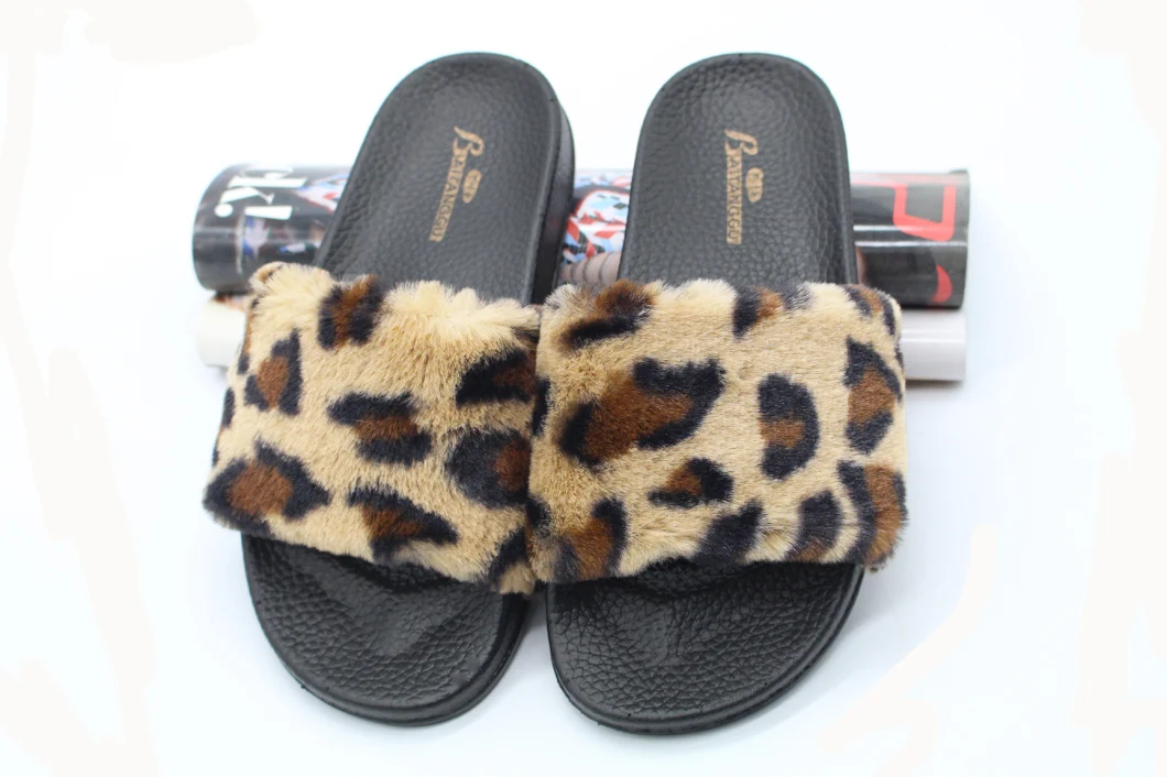 Best Selling Wholesale Fur Slippers, Women Fashion Leopard Pattern Flat Slides Sandals Slippers