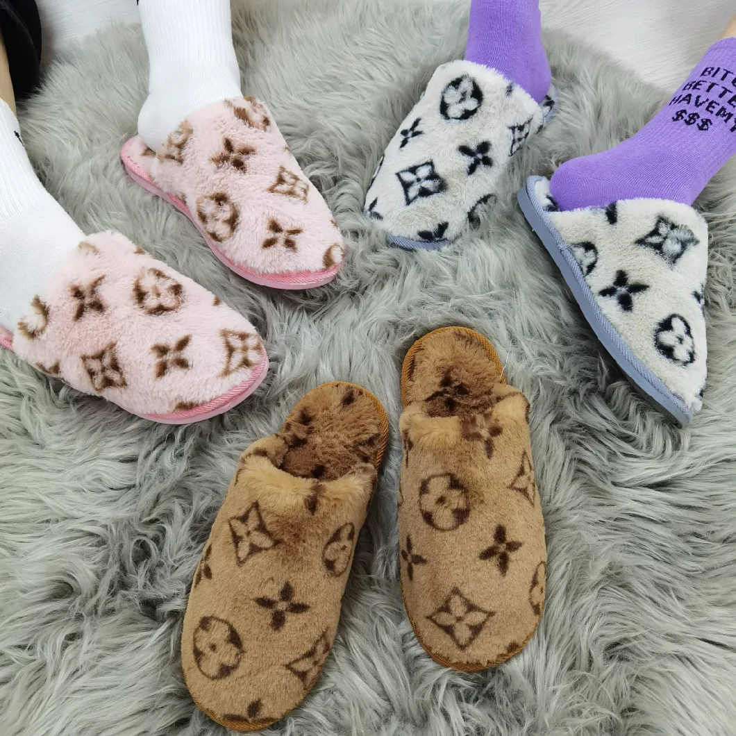 Hot Sale New Designer Logo Close Toe Fluffy Furry Plush Luxury House Slippers Women Faux Fur Bedroom Slippers Shoes Ny Handbag