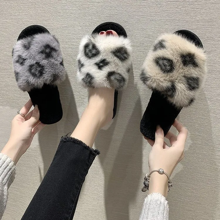 Free Shipping Fashion Korean Style Leopard Pattern Sandals Women's Bedroom Leisure Fluffy Slippers