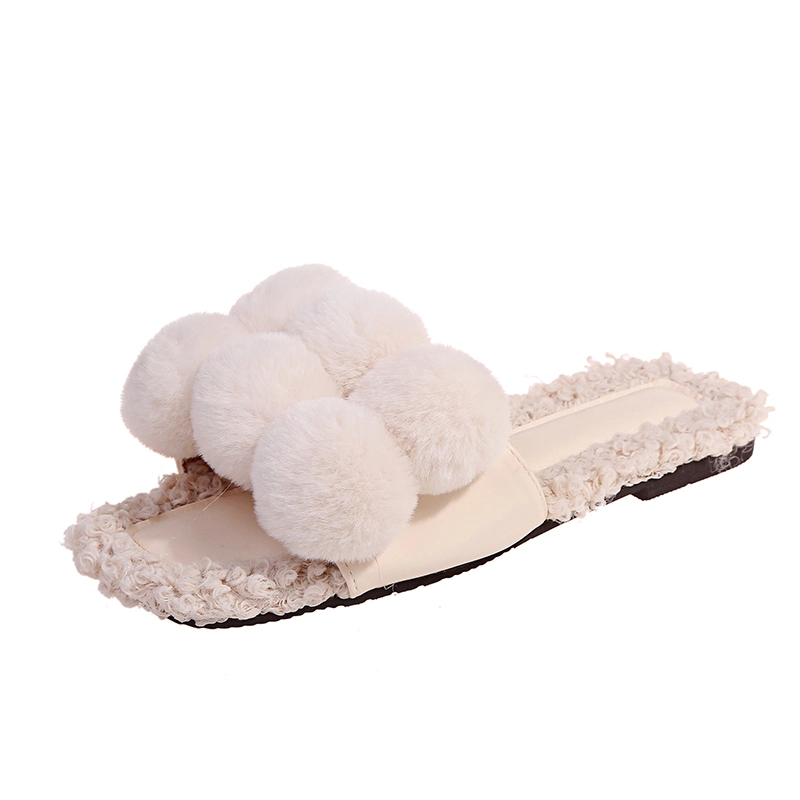 Chinese Factory Contrast Color Fur Ball Sandals Slides Fashion Wholesale Fur Slippers for Women