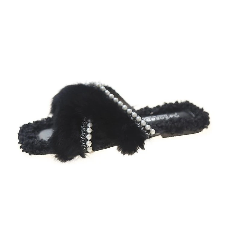 Pearl Upper Cross Strap Slider Sandals for Lady Wholesale Women Fashion Fur Slippers