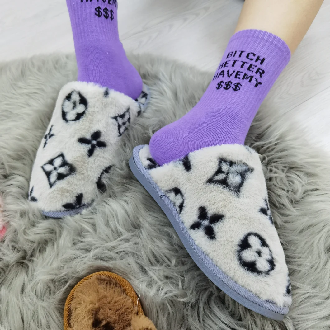 Hot Sale New Designer Logo Close Toe Fluffy Furry Plush Luxury House Slippers Women Faux Fur Bedroom Slippers Shoes Ny Handbag