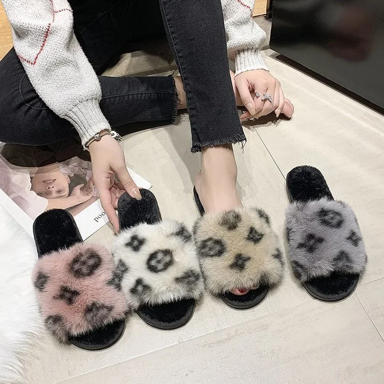 Free Shipping Fashion Korean Style Leopard Pattern Sandals Women's Bedroom Leisure Fluffy Slippers