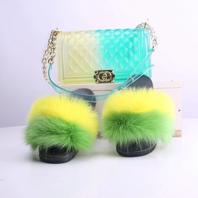 Women Handbag with Fur Slippers, Jelly Purse and Fur Slides, Purse and Fur Slides Set