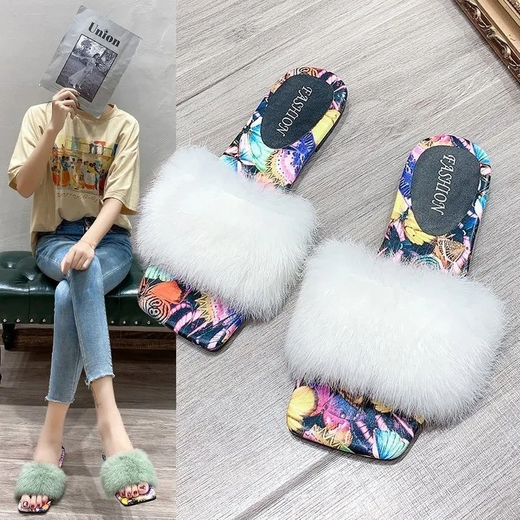 2020 Wholesale Fur Slippers Women Fashion Open Toe Slides Sweet Wind Furry Sandals Slippers