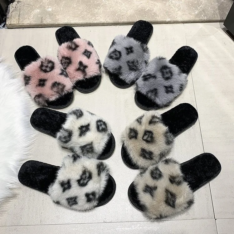 Free Shipping Fashion Korean Style Leopard Pattern Sandals Women's Bedroom Leisure Fluffy Slippers