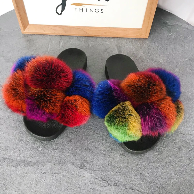 New Arrivals Women Ladies Fur Slippers with Ball, Large Size 12 Women Fur Slippers