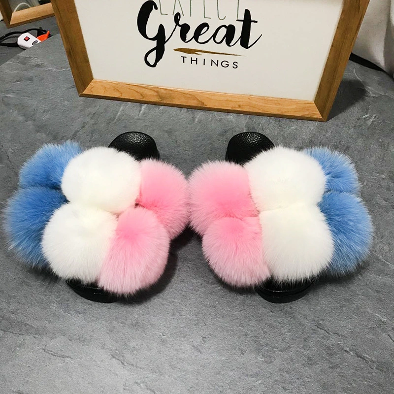 New Arrivals Women Ladies Fur Slippers with Ball, Large Size 12 Women Fur Slippers