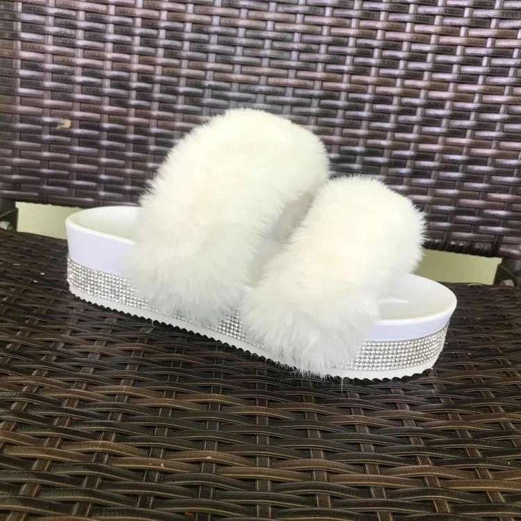 Sys016 Luxury Sandal Slipper Women Fuzzy Furry Slides with Fur Platform Bling Rhinestone Colorful Fluffy Faux Fur Slide