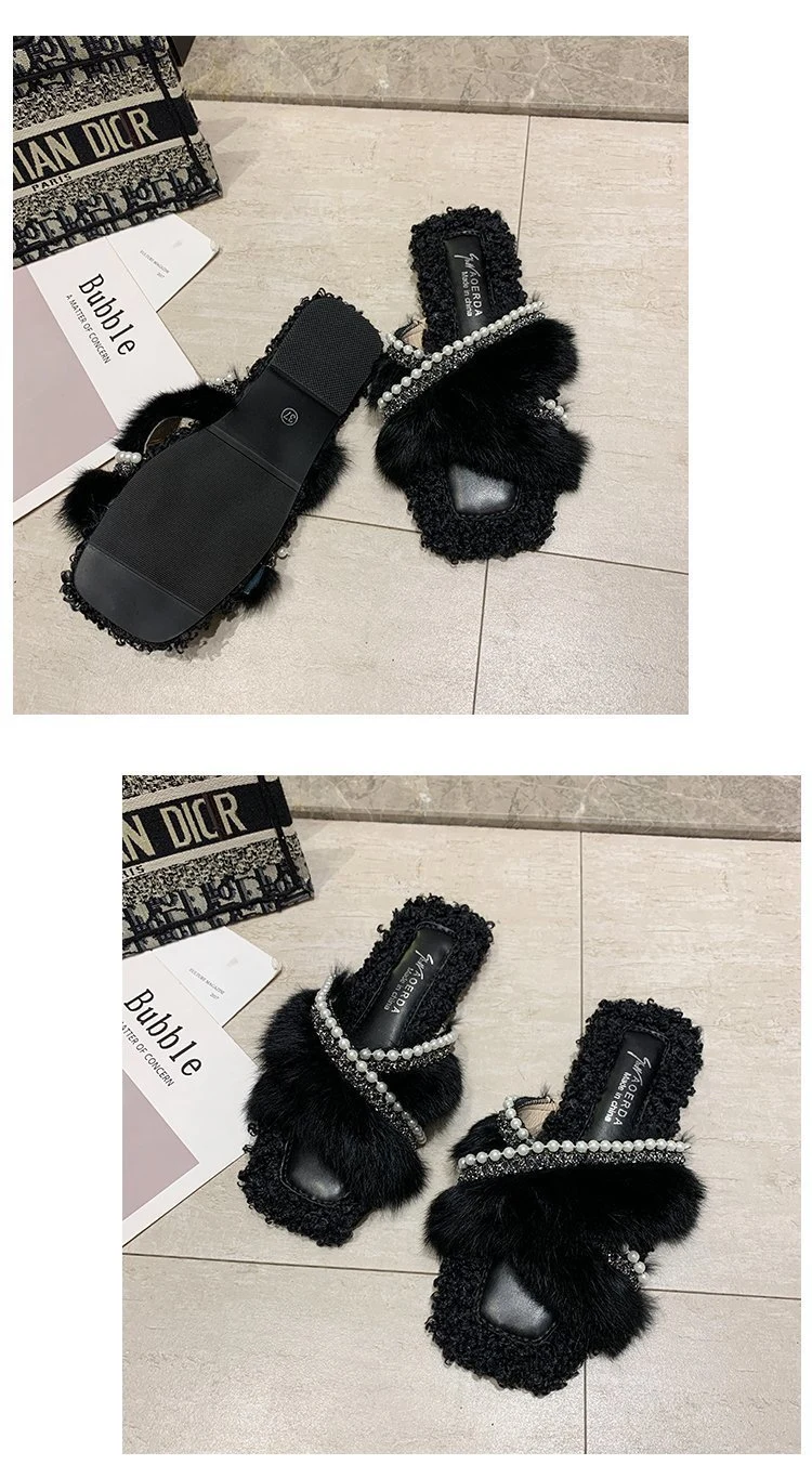 Pearl Upper Cross Strap Slider Sandals for Lady Wholesale Women Fashion Fur Slippers