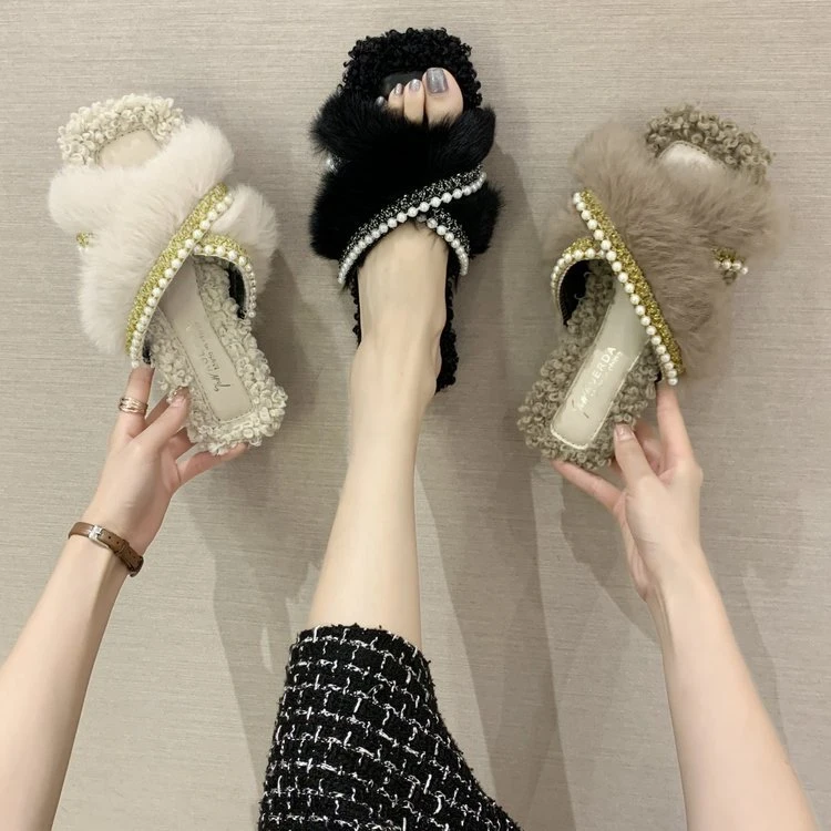 Pearl Upper Cross Strap Slider Sandals for Lady Wholesale Women Fashion Fur Slippers