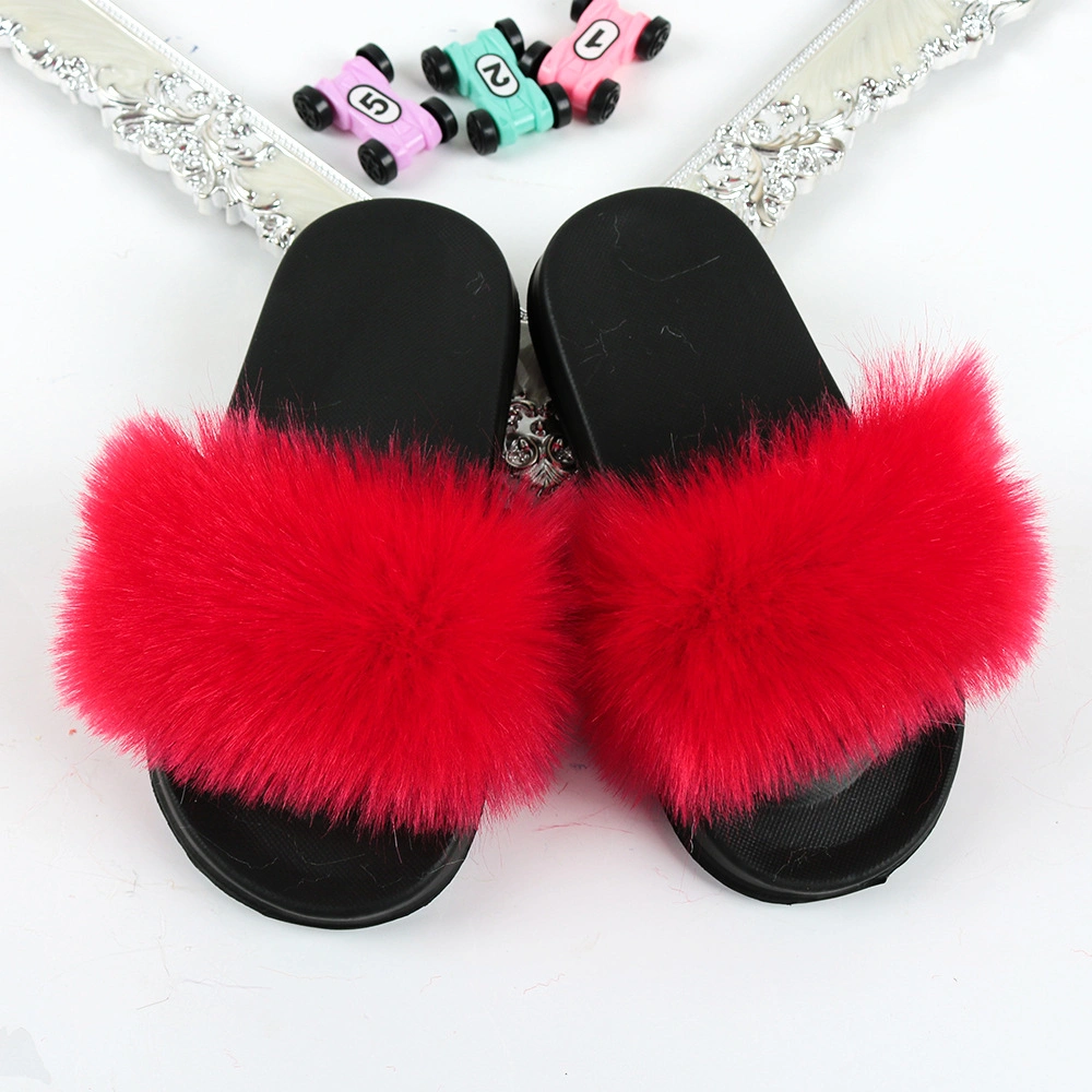 2020 Hot Selling Kids Shoes Girl Shoe Fur Slippers, Soft EVA Outsole Fur Slides for Girls