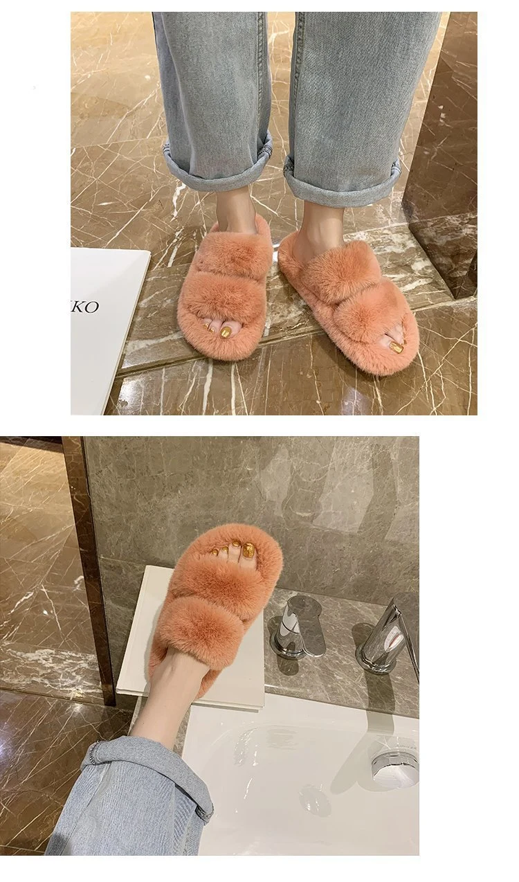 Double Strap Fur Sandals Wholesale Women Slides Fashion House Furry Slippers