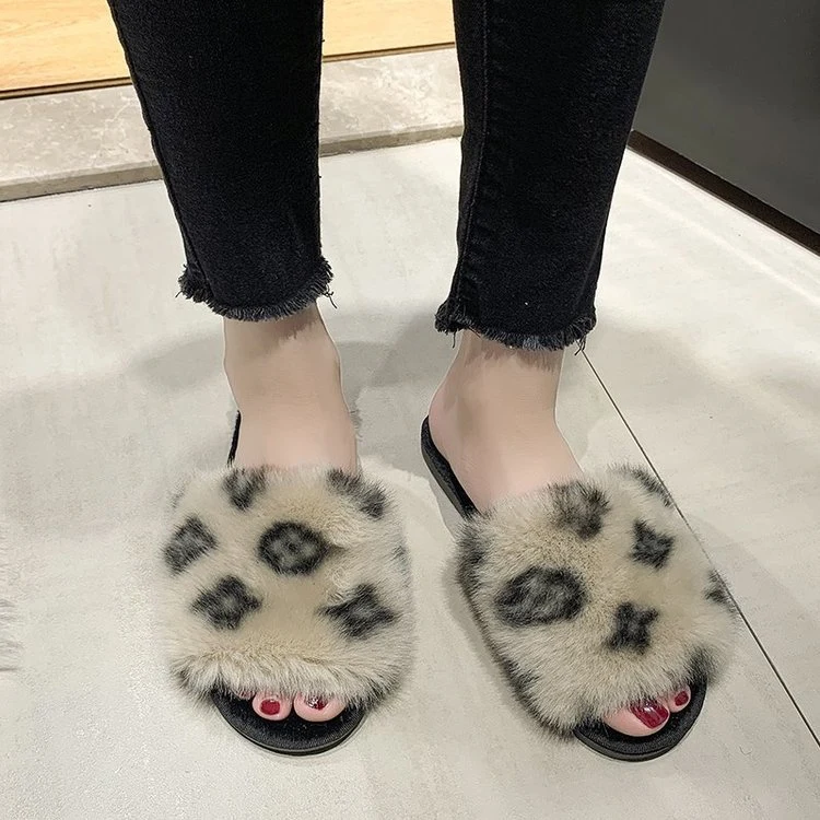 Free Shipping Fashion Korean Style Leopard Pattern Sandals Women's Bedroom Leisure Fluffy Slippers