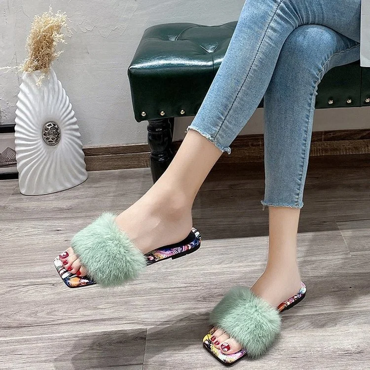 2020 Wholesale Fur Slippers Women Fashion Open Toe Slides Sweet Wind Furry Sandals Slippers