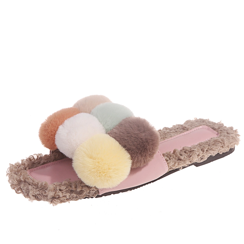 Chinese Factory Contrast Color Fur Ball Sandals Slides Fashion Wholesale Fur Slippers for Women