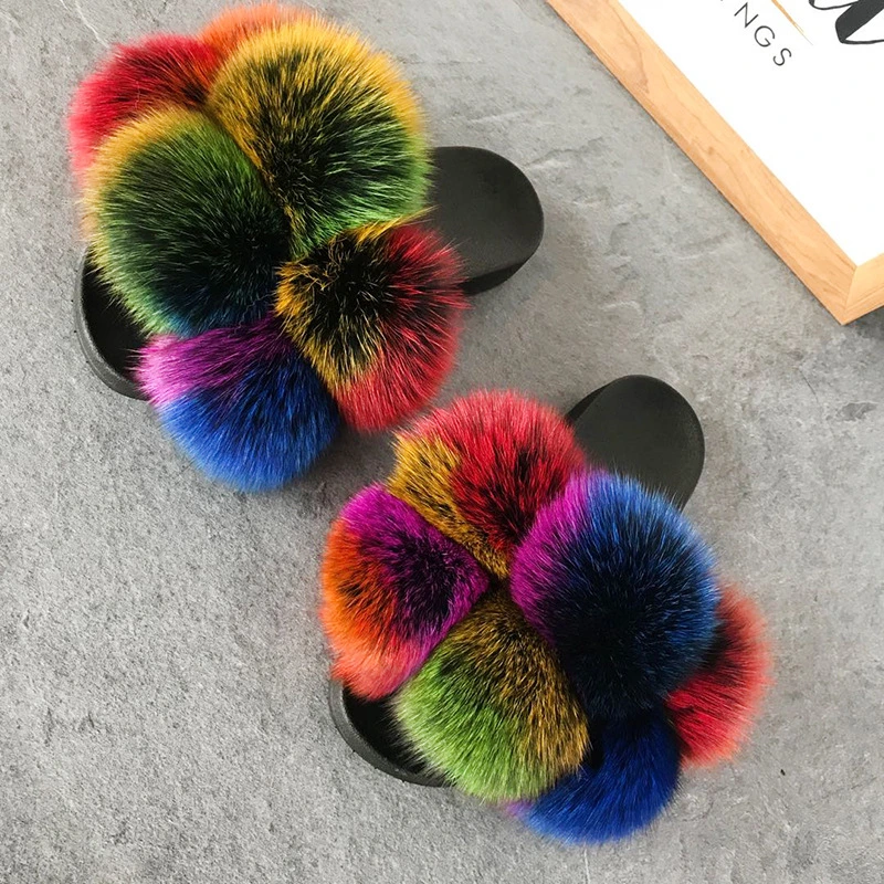 New Arrivals Women Ladies Fur Slippers with Ball, Large Size 12 Women Fur Slippers