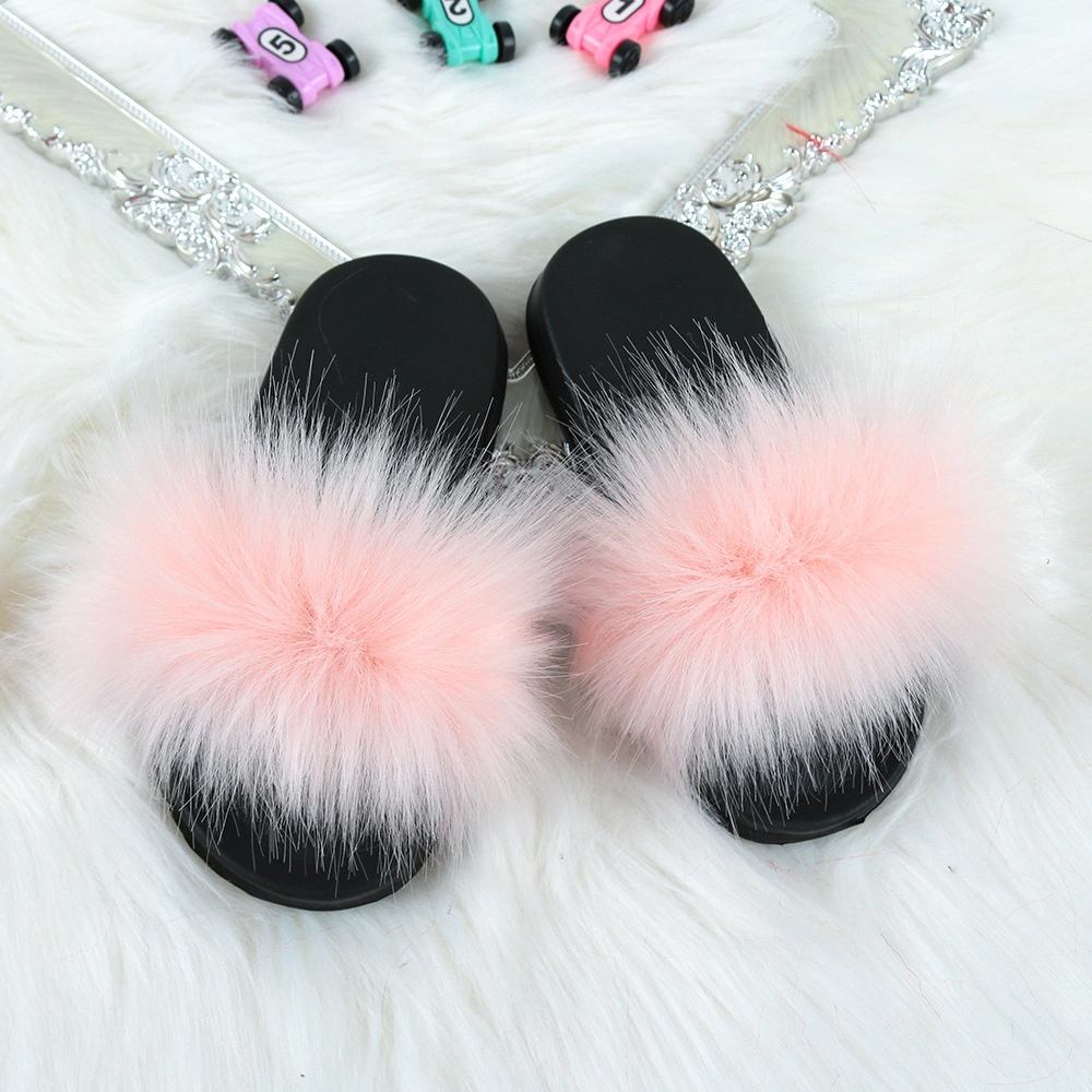 Kids Fur Home Slipper Girl Outdoor Raccoon Fluffy Cute Flats Slides