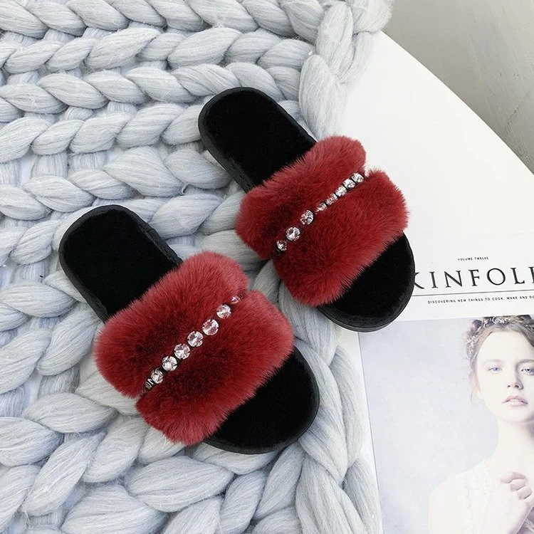 Women Rhinestone Fluffy Furry Fur Slides Sandals, New Arrivals Factory Wholesale Fur Slippers