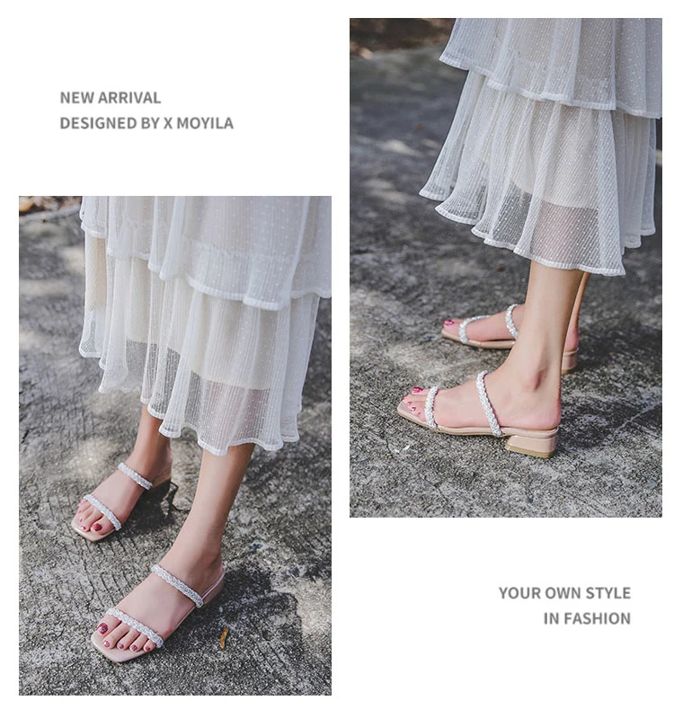 Sandals and Slippers Female 2020 Summer Fashion Lady Shoes Women Slippers with Thick Rhinestone Woven Belt