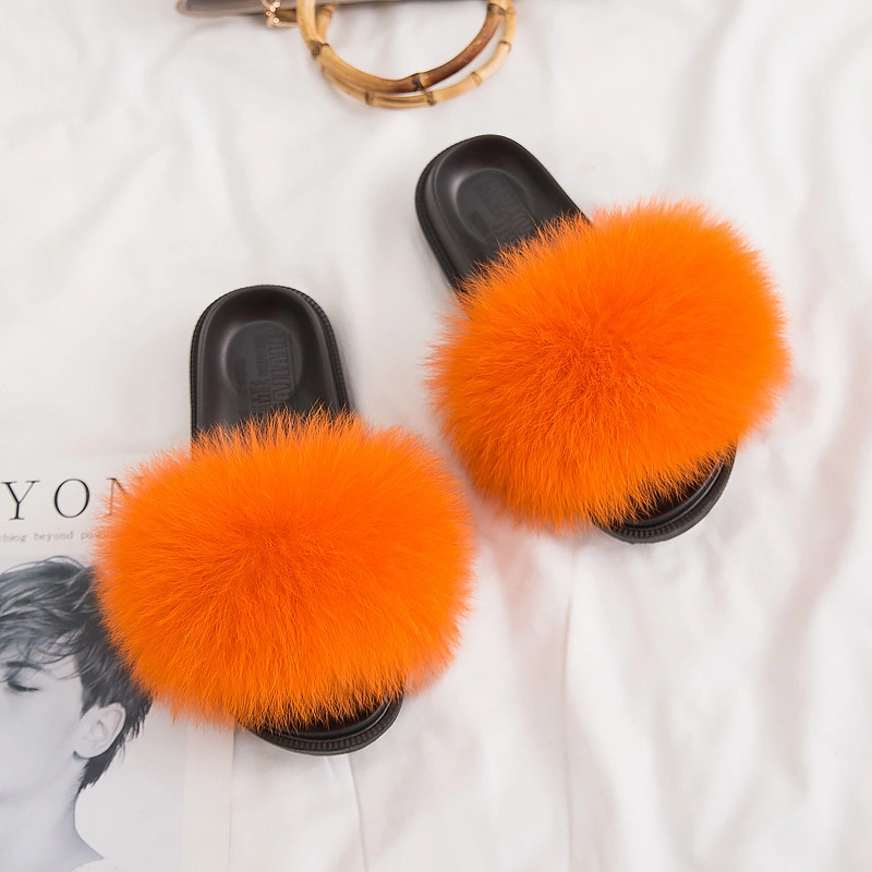 Women's Summer Fox Fur Slippers Fox Fur Slides Furry Slide Sandals