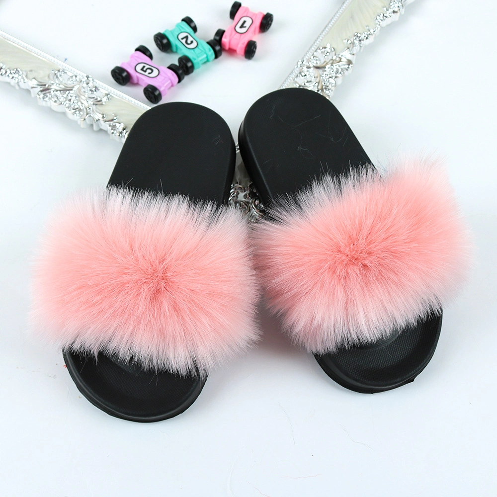 2020 Hot Selling Kids Shoes Girl Shoe Fur Slippers, Soft EVA Outsole Fur Slides for Girls