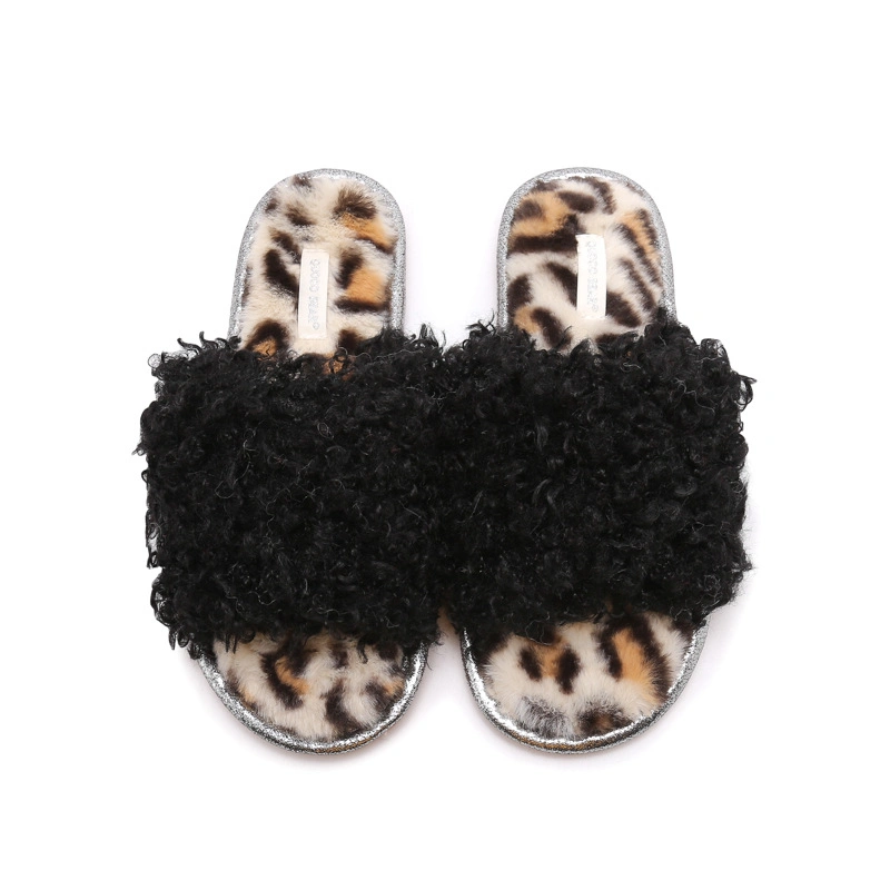 Superstarer Wholesale Cheap Woman Soft Rex Rabbit Slippers Colorful Furry Sandals Leopard Print Faux Fur Slides Fuzzy Slippers