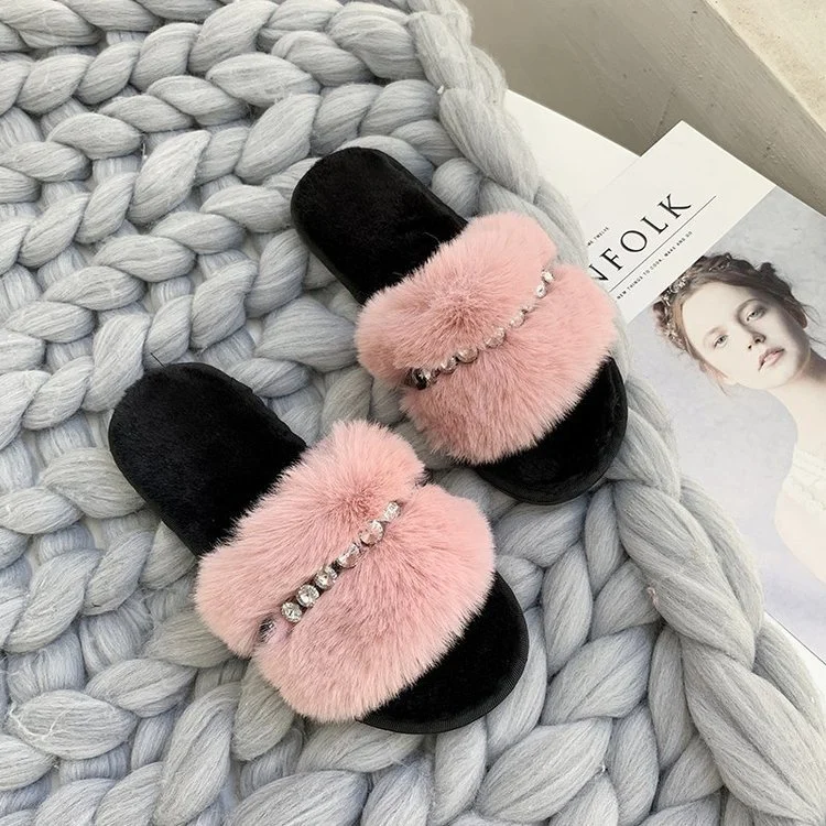 Women Rhinestone Fluffy Furry Fur Slides Sandals, New Arrivals Factory Wholesale Fur Slippers