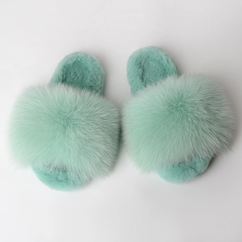 Furry Fluffy Slippers for Winter Indoor and Outdoor, Women's Fox Fur Slides Sandals Flip Flops