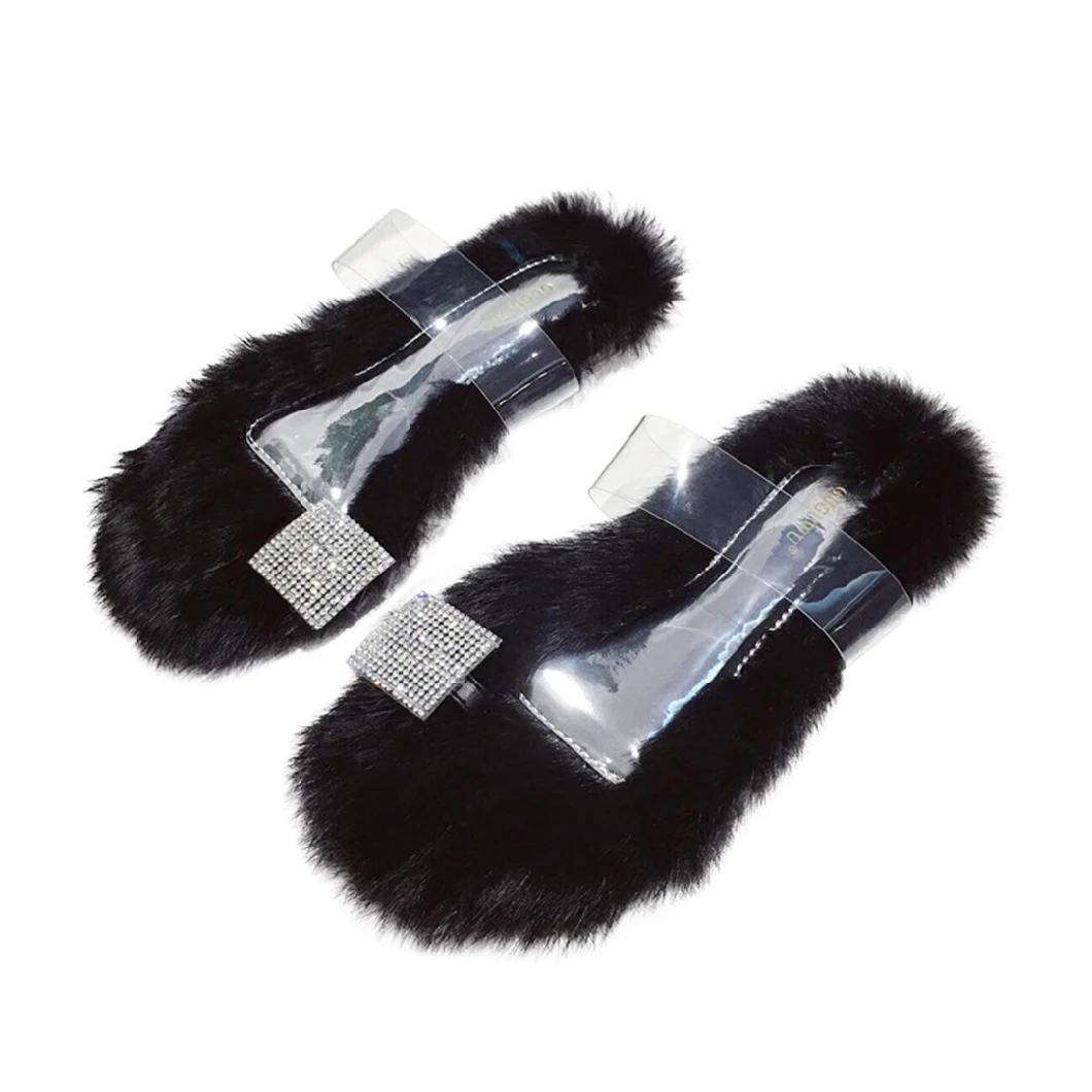 Superstarer 2020 Wholesale Full Cover Designer Fluffy Fur Slides Trending Jelly Real Furry Fur Clear Rhinestone Sandal Slipper