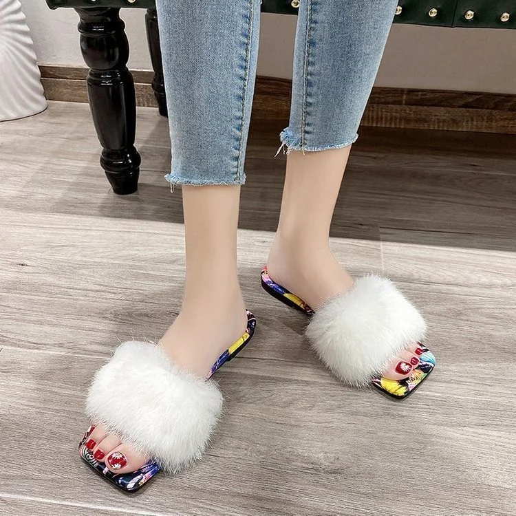 2020 Wholesale Fur Slippers Women Fashion Open Toe Slides Sweet Wind Furry Sandals Slippers