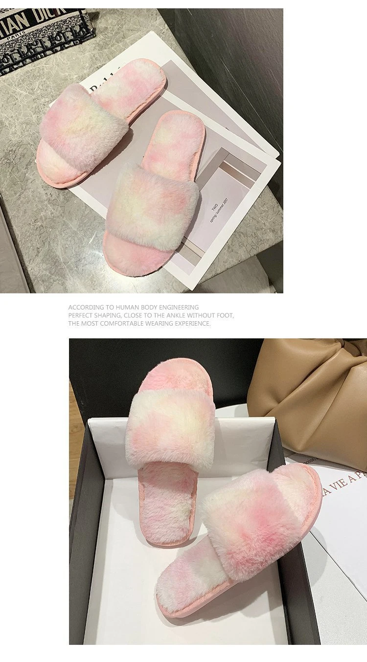 Wholesale Fur Slippers in Tie Dye Design Women Soft Fox Slides Sandals Ladies Winter Indoor Slippers