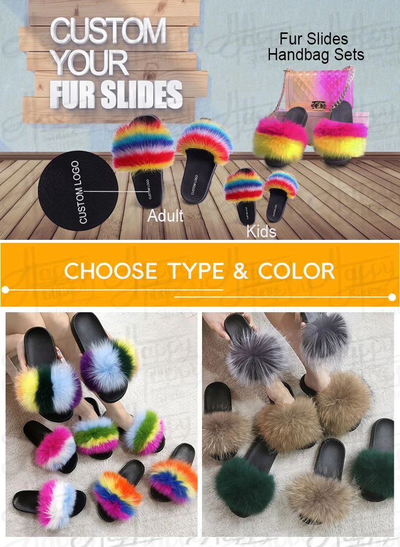 Trendy Flat Custom Real Fur Slippers Slides, Mink Fur Plush Furry Fluffy Slippers, Wholesale Women Fox Fur Slides Sandals Slippers