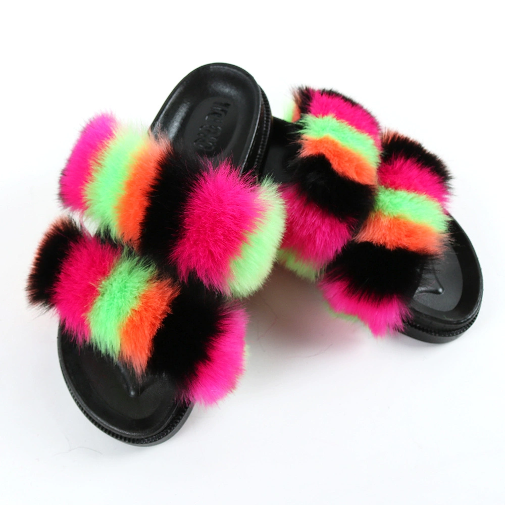 Hot Sales Women Indoor and Outdoor Fluffy Slides, Fashion Vegan Double Strap Furry Fur Sandals Slides