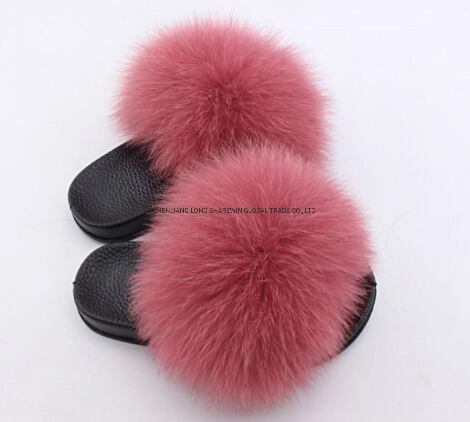 Soft Popular Kids Real Fur Sandals Children Cute Fox Fur Slippers