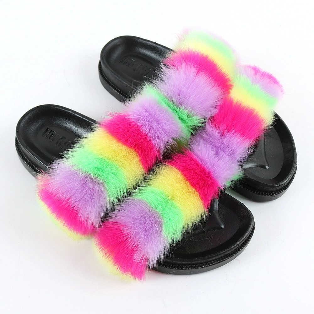 Hot Sales Women Indoor and Outdoor Fluffy Slides, Fashion Vegan Double Strap Furry Fur Sandals Slides